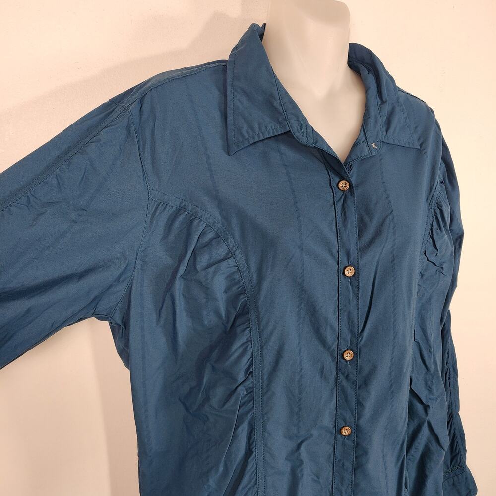 Cabelas Womens Shirt Button Up Fitted Long Roll Tab Sleeve Ruched Teal Outdoor L - Picture 3 of 9